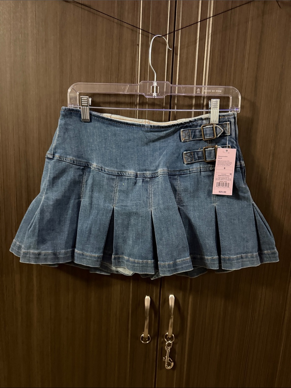 wild fable Medium Blue Pleated Denim Mini Skirt with Double Buckles